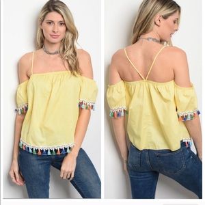 Yellow Off Shoulder Tassel Top